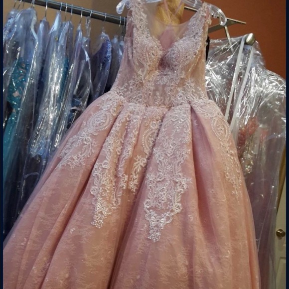 rose gold dress for debut Rose Gold Sparkly Ball Gown Off Shoulder Dress – Lisposa main image 1